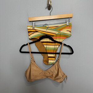 AERIE beach babe shine rib bikini top & stripe high cut cheeky bikini bottom set